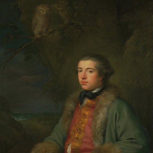 A painting of a person sitting wearing fine clothes, including a gold waistcoat and a fur-lined gown. They have their legs crossed and are looking confident.