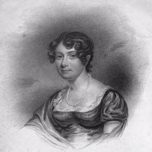A pencil drawing of a person dressed in 19th Century ladies clothing and wearing a pearl necklace. They are looking at the viewer and smiling.
