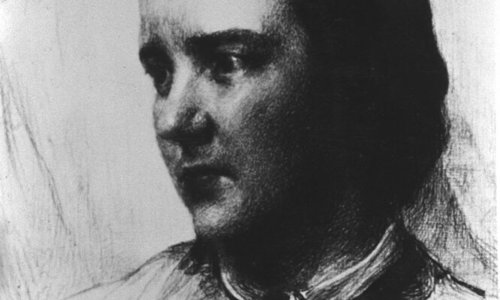 A black and white drawing of a person looking away from the viewer, the drawing is of their face, and they have dark hair tied back behind their head.