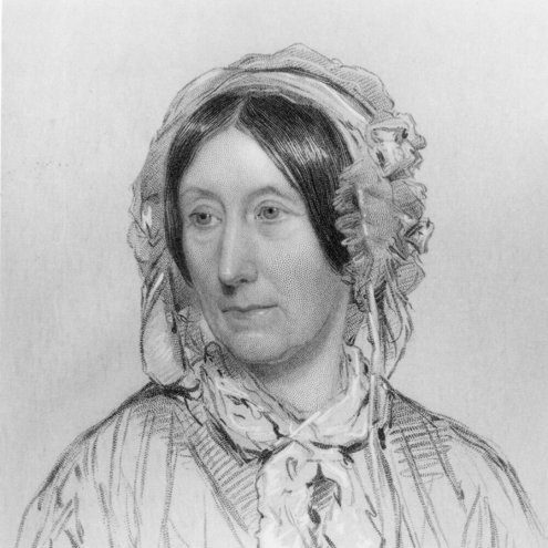 Black and white drawing of a person in period dress wearing a bonnet-style hat.