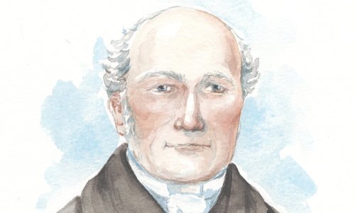A watercolour painting of a person wearing a dark coat looking directly forwards. They have red cheeks and small white tufts of hair over their ears, and a thin smile on their face.