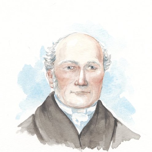A watercolour painting of a person wearing a dark coat looking directly forwards. They have red cheeks and small white tufts of hair over their ears, and a thin smile on their face.