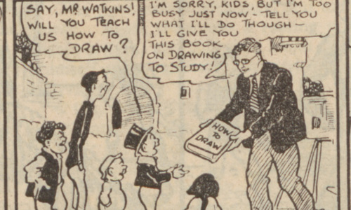 Image of Dudley D Watkin in a Beano comic strip. Pictured handing a book to a group of children titled: 