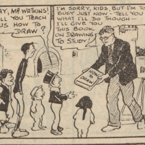 Image of Dudley D Watkin in a Beano comic strip. Pictured handing a book to a group of children titled: 