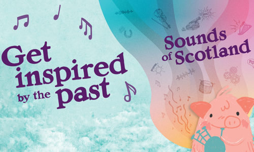 Text words "Get inspired by the past" with music notes around it, beside a cartoon pink pig playing the bagpipes with a multi-coloured background behind and lots of outline drawings of sound related items.