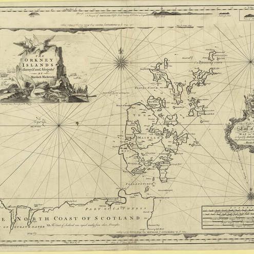 18th Century cartographic map of the Orkney Isles by Murdoch Mackenzie. Includes inscription: "To the Right Honourable Early of Horton, this map of Orkneyis humbly dedicated by his Lordship