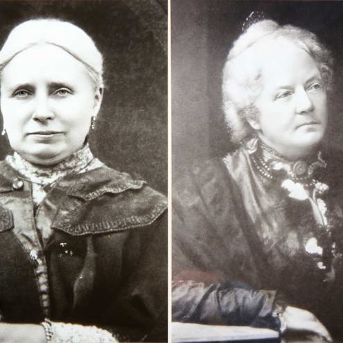 Two black and white portraits of white women, both with the appearance of white hair.