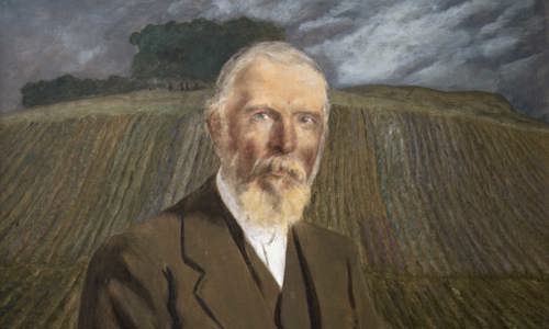 Portrait painting of older, bearded gentleman sat down in front of a ploughed field. He is wearing a brown three piece suit, with a matching flat cap by his side.